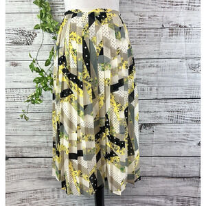 Calvin Klein Skirt size 14 Black Yellow Floral Polka Dots Pleated Knee Modest